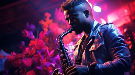 African american jazz musician playing the saxophone on the stage in nightclub - obrazy, fototapety, plakaty