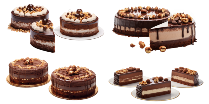 Collection of chocolate hazelnut torte isolated on a white background as transparent PNG