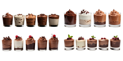 Collection of chocolate mousse isolated on a white background as transparent PNG