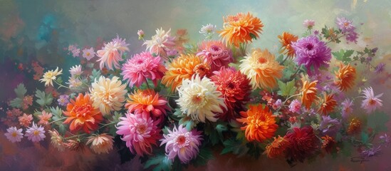 A vibrant painting showcasing an array of colorful flowers, predominantly chrysanthemums, arranged in a vase. The detailed brushstrokes capture the beauty and diversity of the floral arrangement.