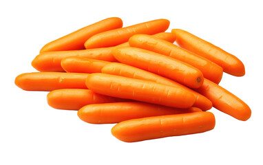 A sizable mound of fresh, vibrant carrots stacked neatly on a plain white surface. The orange vegetables are arranged in a clustered formation, showcasing their natural shape and color.