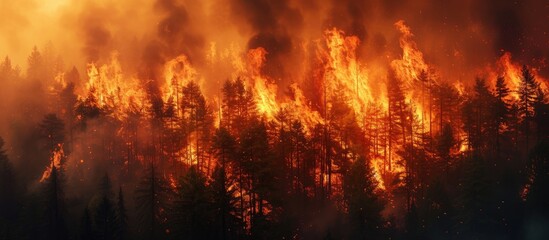 A large forest is engulfed in a raging fire, with flames consuming trees and spreading rapidly through the landscape. The intense blaze is causing significant destruction to the forest ecosystem.