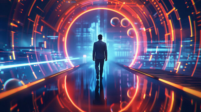 A 3D animators modern and sleek depiction of a businessman navigating through a unique protection challenge