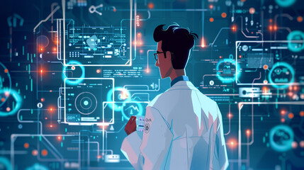 A unique portrayal of futuristic health services through a cartoon character navigating a complex...