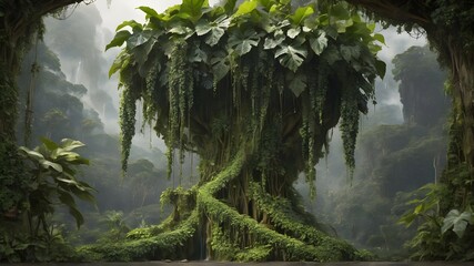 A vibrant and diverse jungle scene, with a winding grape ivy plant cascading down from a towering Javanese treebine, its leaves a deep shade of green, creating a visually stunning and unique image.