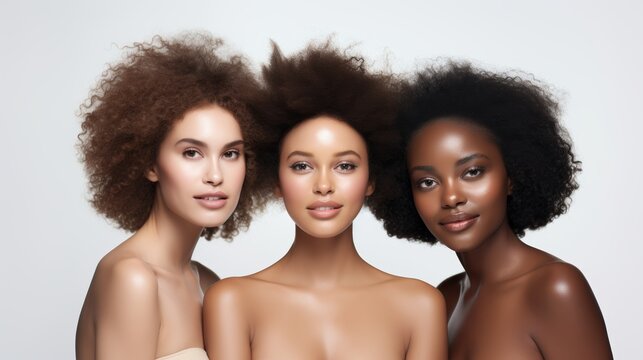 An African American skincare model with perfect skin and curly hair. Beauty spa treatment concept. Web banner with copy space