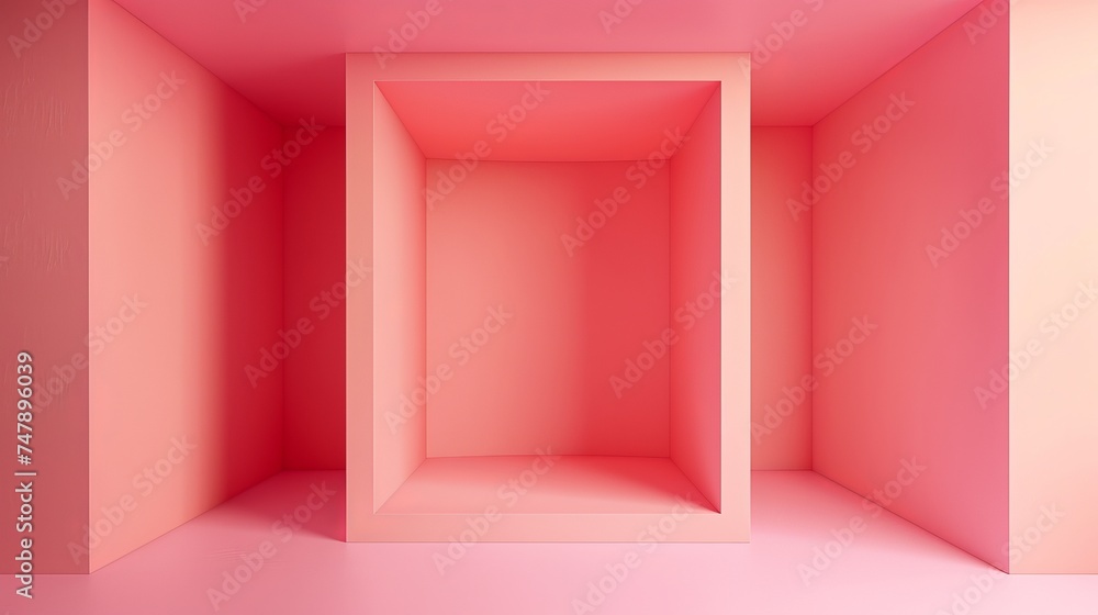 Poster Photobox inside the empty pink gradient room. Abstract background. Square box with blank inner space inside. Empty room interior perspective view.