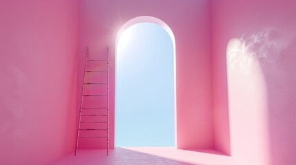 The concept of a blue sky in an arch window above a ladder on a pink background is presented in this 3D rendering.