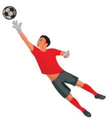Asian boy figure of a junior football goalkeeper in red sports t-shirt kicks the ball with his foot