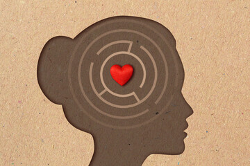 Profile silhouette of woman with labyrinth and heart - Concept of love and female psychology - 747896047