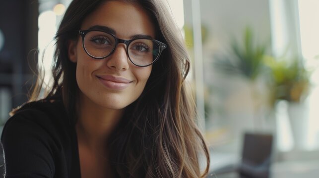 A happy brunette business woman foresees success by using a laptop, smiling to the camera while working in a modern office while wearing glasses. An entrepreneurial and career concept of success.