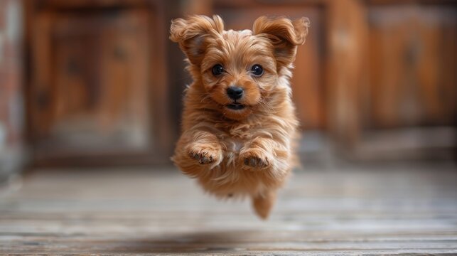 Jumping dog, small orange fluffy dog on isolated background, animals, pet, hungry, playing, puppy craving food, puppy.