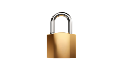 Metal padlock cut out. Realistic gold padlock on transparent background