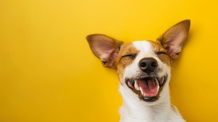 An energetic Jack Russell Terrier with oversized ears and beaming smile lounges on a sunny yellow background.