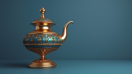 Fairy tales and wish fulfillment concept with a precious golden magic lamp on a blue background