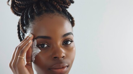 The portrait of an African American woman with afro braids hairstyle using cream smear on her face and standing against a white background demonstrates beauty and skin care. - obrazy, fototapety, plakaty