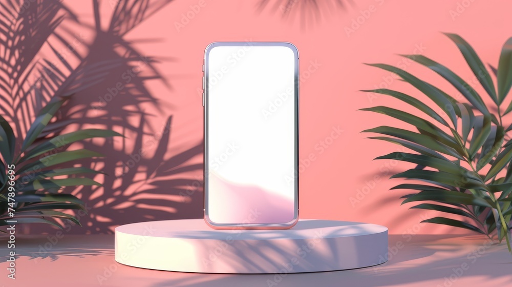 Poster This is a 3D rendering of a modern smartphone mockup with a blank screen. Mockup template with a blank screen on a podium.