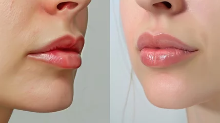 Fotobehang Comparison of women's lips before and after treatment with hyaluronic acid injections. Beauty lip treatment process. © Zaleman