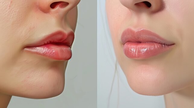 Comparison of women's lips before and after treatment with hyaluronic acid injections. Beauty lip treatment process.