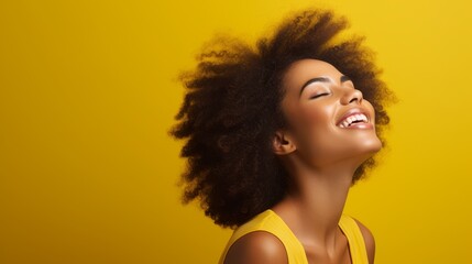 African American Fashion Model Profile Portrait - Satisfied Brunette youth with afro hairstyle, yellow make-up, lips and eyeshadows on a colorful background - obrazy, fototapety, plakaty