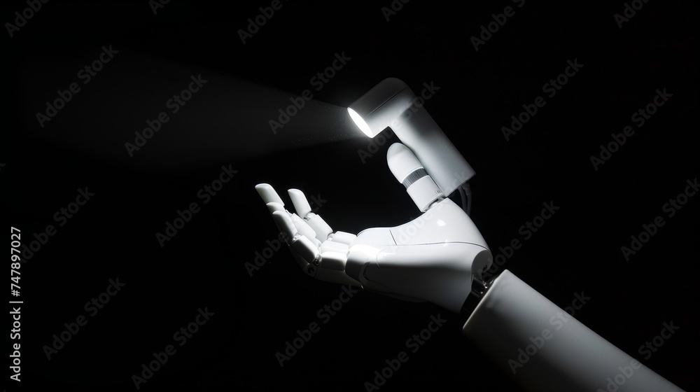 Poster Using artificial intelligence, future technology, and business concepts - robot and hand with flash light and virtual projection over black background.