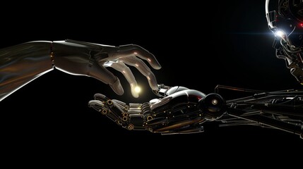 An artificial intelligence, future technology and business concept with a robot and human hand flashing in front of a virtual screen projection on a black background.