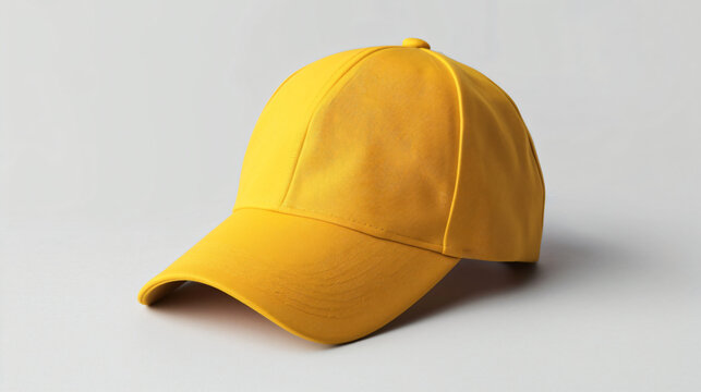 A yellow baseball cap mock up placed on a clean white background. Suitable for various marketing and promotional materials