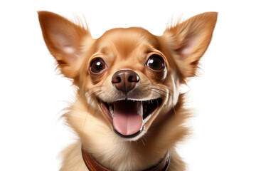 Obraz premium A small, happy dog wearing a leather collar is shown smiling in this candid shot. The dogs joyful expression is evident as it looks directly at the camera.