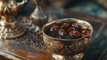 Obraz na płótnie Canvas A vintage metallic bowl filled with dates accompanies a serving of black tea, reflecting the tradition of Arabic hospitality where tea is customarily offered to guests