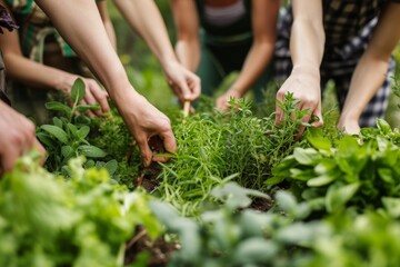Community of people joyfully picking fresh herbs and veggies from a lush garden, embracing the farm-to-table spirit