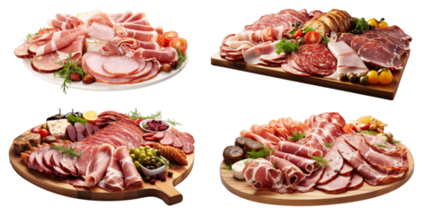 Collection of platter of cold cuts isolated on a white background as transparent PNG
