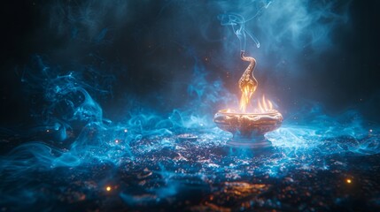 Golden magic lamp on blue background, fairy tales and wish fulfillment concept - obrazy, fototapety, plakaty