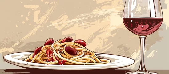 Foto op Aluminium A plate of classic Italian spaghetti carbonara topped with creamy sauce and crispy bacon, paired with a glass of rich red wine. The pasta is coated in a savory blend of eggs, cheese, and black pepper © 2rogan