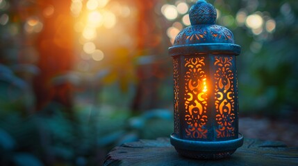 The holy month of Ramadan Kareem, an ornamental Arabic lantern with a burning candle glowing at night - obrazy, fototapety, plakaty