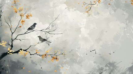 A vintage illustration of flowers, branches, birds, and golden brushstrokes. On textured background. Oil on canvas. Modern Art. Grey, wallpaper, poster, card, mural, print, wall art.