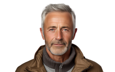 A mature man with grey hair wearing a brown jacket stands in the foreground. His hands casually in his pockets as he looks ahead. The man appears confident and relaxed in his attire.