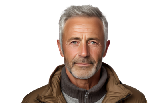 A mature man with grey hair wearing a brown jacket stands in the foreground. His hands casually in his pockets as he looks ahead. The man appears confident and relaxed in his attire.