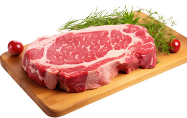 A piece of raw meat, likely steak, is placed on a wooden cutting board. The meat is uncooked and ready to be prepared for cooking.