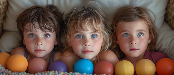 Smiley portrait of three children holding balls looking at camera