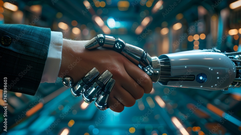 Poster Shaking hands with a digital partner in front of a futuristic background. Artificial intelligence and machine learning process for the fourth industrial revolution.