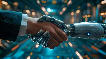 Tapeten Shaking hands with a digital partner in front of a futuristic background. Artificial intelligence and machine learning process for the fourth industrial revolution. © Zaleman