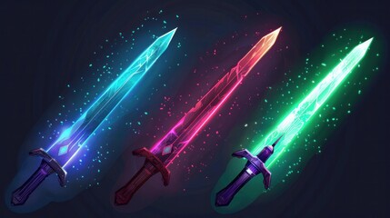 Fototapeta na wymiar Vector illustration of futuristic swords emitting blue, green, red, and purple light reminiscent of weaponry