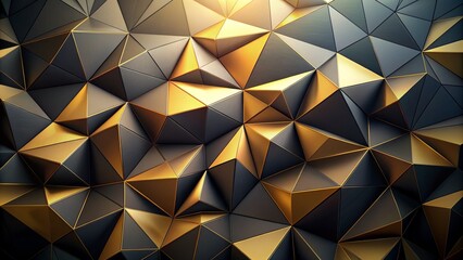 Abstract, Geometric Background with 3D Black and Golden Triangles. Elegant Wallpaper Design for Template, Cover, or Banner. Decorative, Polygonal Shapes. Vector Illustration.