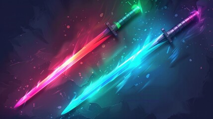 Vector illustration of futuristic swords emitting blue, green, red, and purple light reminiscent of weaponry