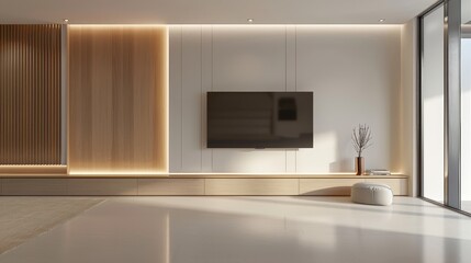 An interior design rendering of a minimal living room with a TV on the plain wall. The room also has furniture and a laminate cabinet.