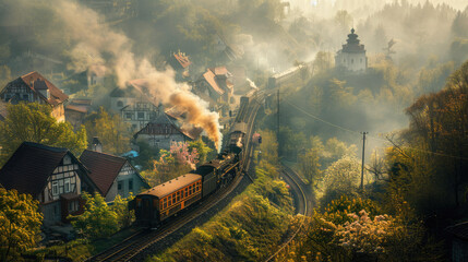 Old train passing through rural towns and cities - obrazy, fototapety, plakaty