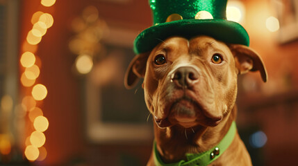 Dog in costume celebrate St. Patrick's Day. - obrazy, fototapety, plakaty