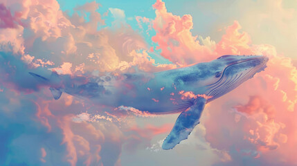 whale on the sky, with cloud and moon,  fantasy world	 - obrazy, fototapety, plakaty