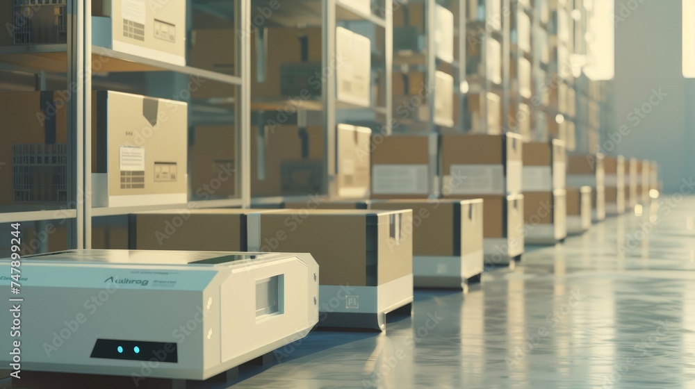 Poster Robots delivering cardboard boxes with infographics in a distribution logistics center. Automated Guided Vehicles delivering goods, products, and packages.