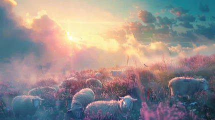 Fotobehang sunrise over field, sheep and cloud, pastel © wai